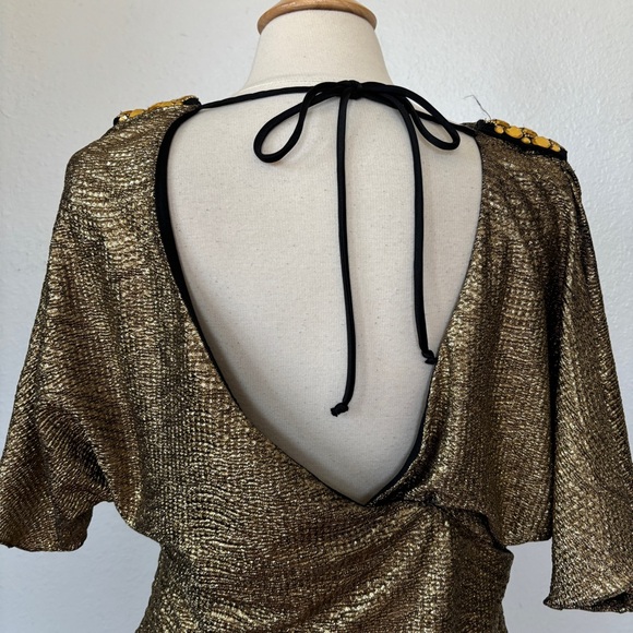 Y2K Gold & Black Short Sleeve Embellished Blouse Style Cocktail Dress - Picture 5 of 11